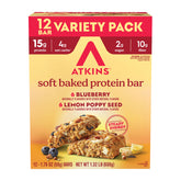 Atkins Soft Baked Lemon Poppyseed bar close-up, high protein snack for on-the-go energy.