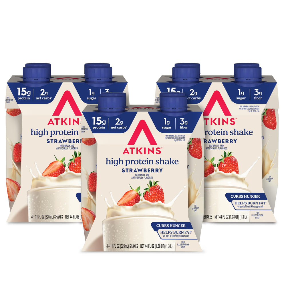 Atkins Strawberry Flavored Protein Shake bottle front view for a quick lean protein boost.