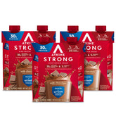 Atkins Strong milk chocolate bottle pour showing high protein shake benefits