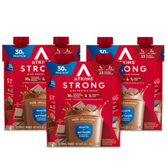 Atkins Strong milk chocolate bottle pour showing high protein shake benefits
