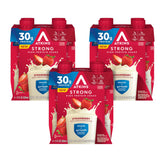 Atkins Strong Strawberry Shake bottle shows 30g protein for post-workout fullness.