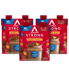 Atkins Strong shake front-pack view showing a convenient keto-friendly protein option for busy mornings.