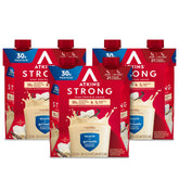 Atkins Strong vanilla shake bottle highlights 30g protein for lasting energy and fullness.