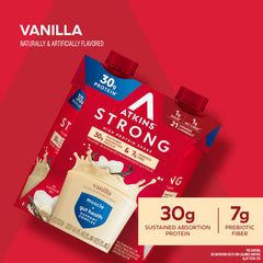 Atkins Strong vanilla shake carton pack conveys grab-and-go keto nutrition.