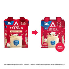 Atkins Strong vanilla shake closeup glass showcases low carb, gluten-free nutrition.