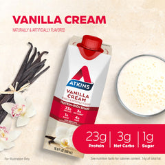 Atkins Vanilla Cream Meal Size pour highlighting convenient on-the-go drink