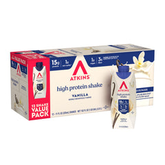 Atkins Vanilla High Protein Shake bottle with vanilla flavor for quick breakfast fueling