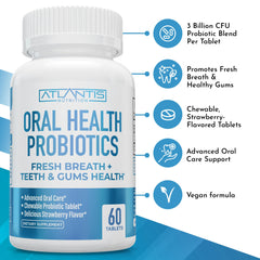 Bottle with tablets spilled, highlighting 3B CFU probiotic blend for fresh breath.