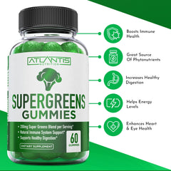 Atlantis Nutrition Supergreens Gummies bottle pour highlighting convenient on-the-go nutrition.