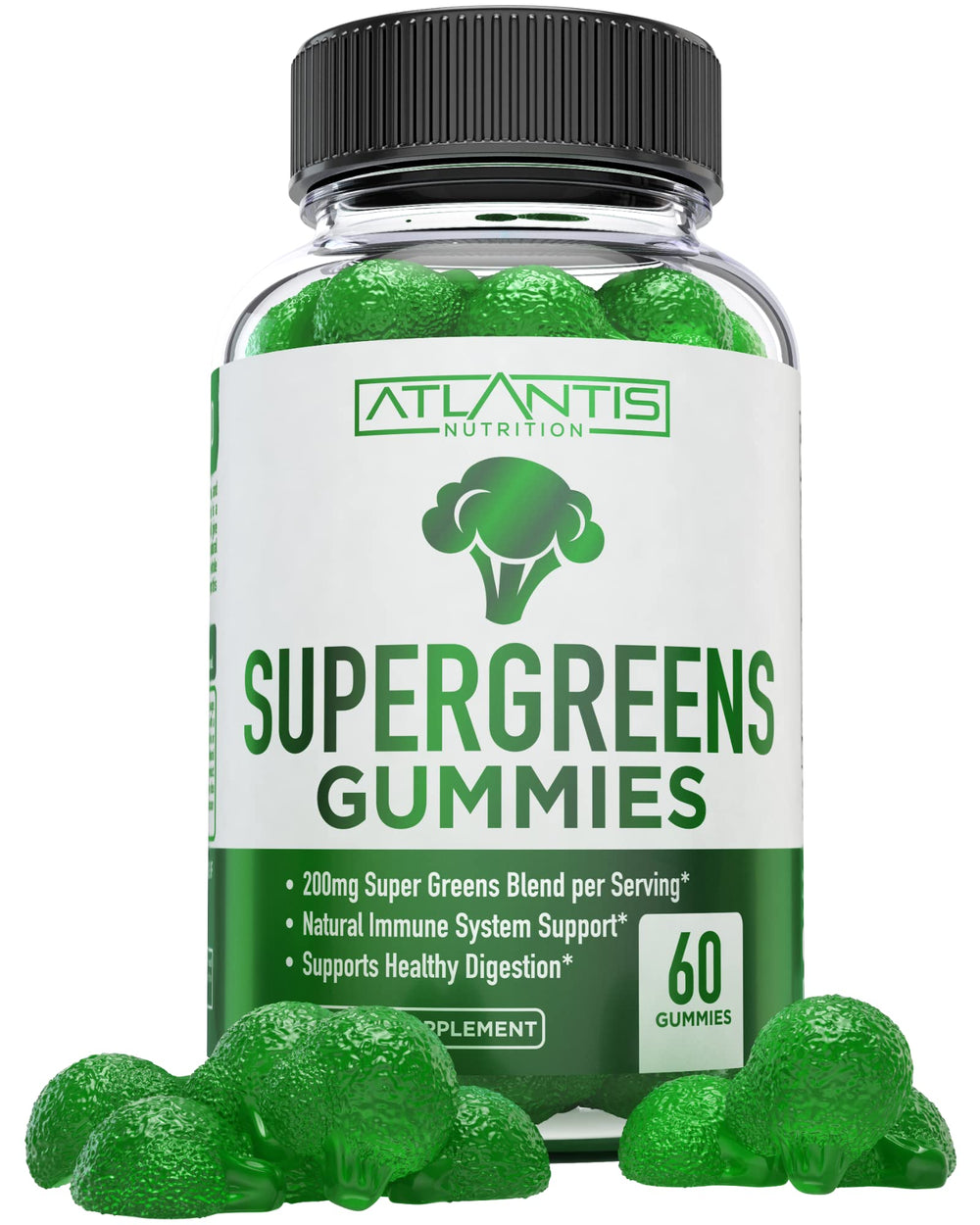 Atlantis Nutrition Supergreens Gummies bottle showing daily greens blend for wellness.
