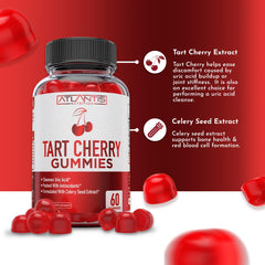 Close-up of chewy Tart Cherry Gummies highlighting texture by Atlantis Nutrition.