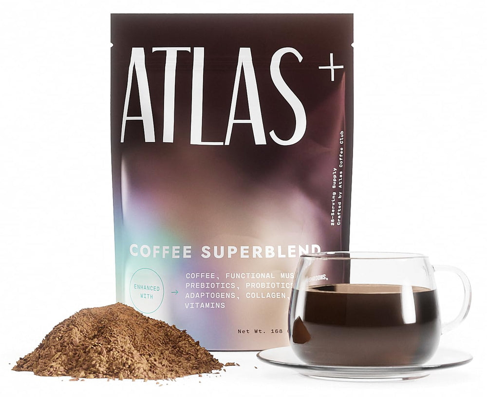 Atlas Coffee Club Atlas+ Superblend bottle on counter for daily energy