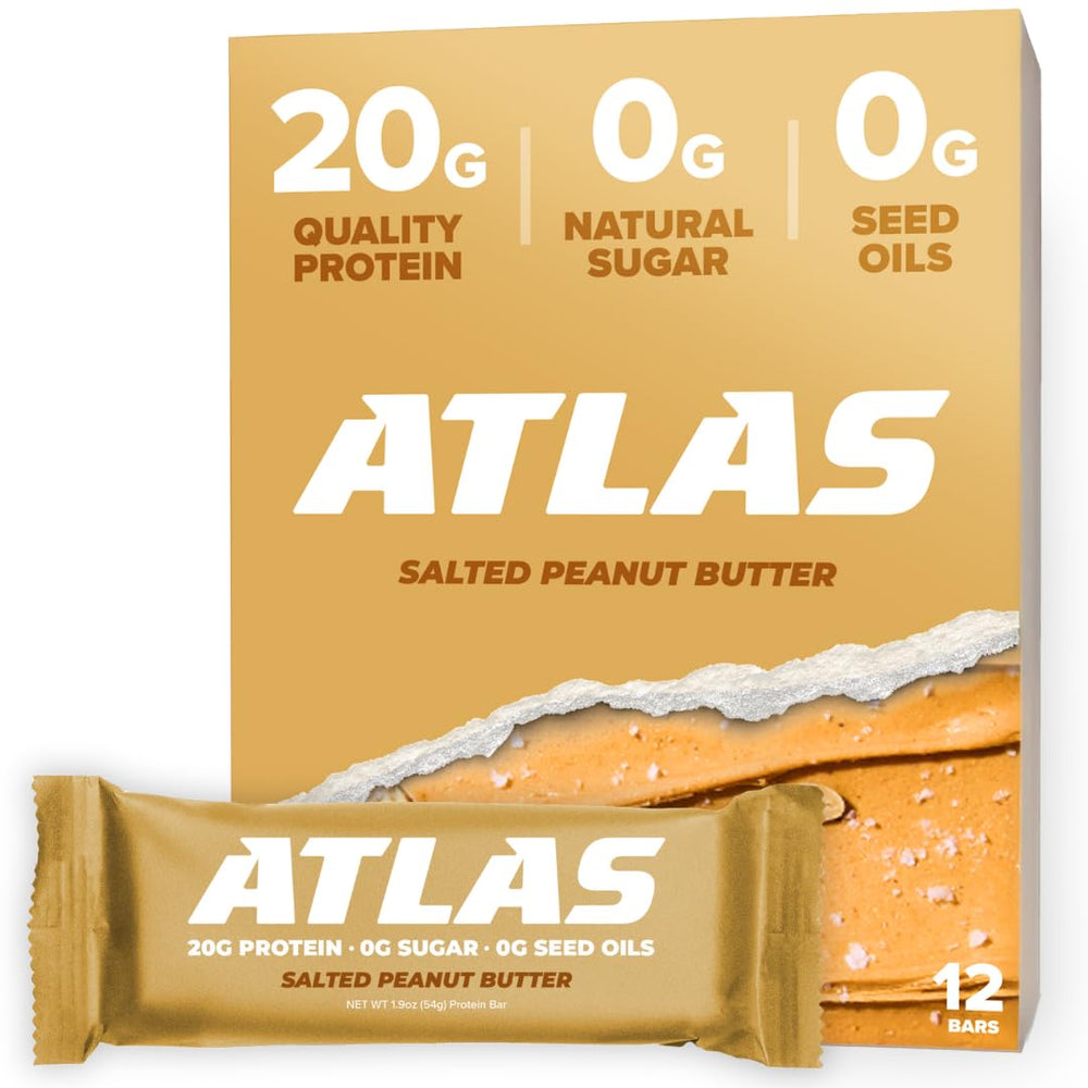 Atlas Real Food Protein Bar salted peanut butter packaging highlighting clean ingredients