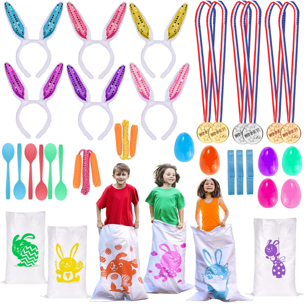 Atonofun potato sack race bags in bright Easter colors for lively backyard fun.