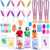 Atonofun potato sack race bags in bright Easter colors for lively backyard fun.
