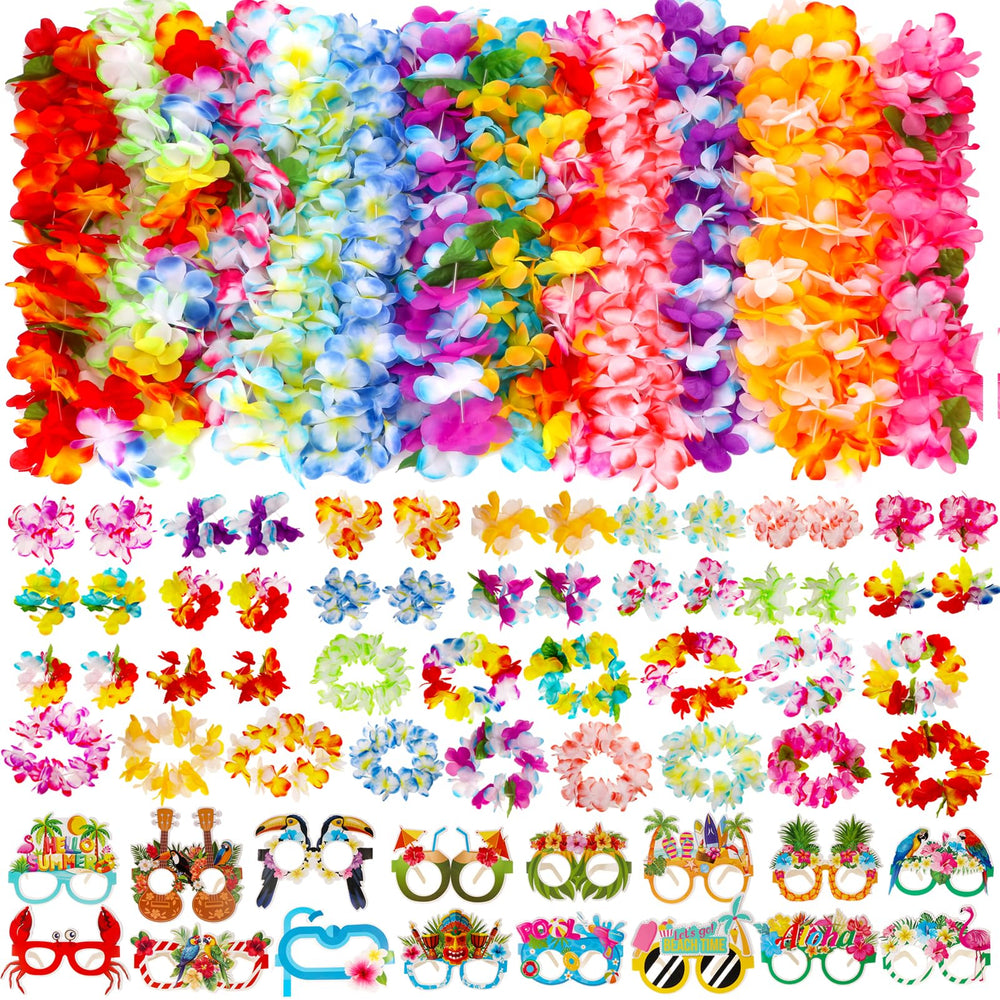 Atonofun Hawaiian leis with colorful flowers for tropical party vibes.