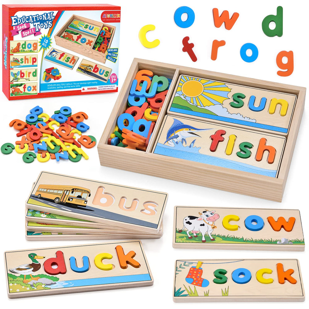 Atoylink wooden spell learning box keeps all pieces organized for easy use.