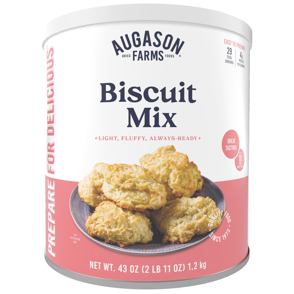 Augason Farms biscuit mix can label showing long shelf life for emergency prep