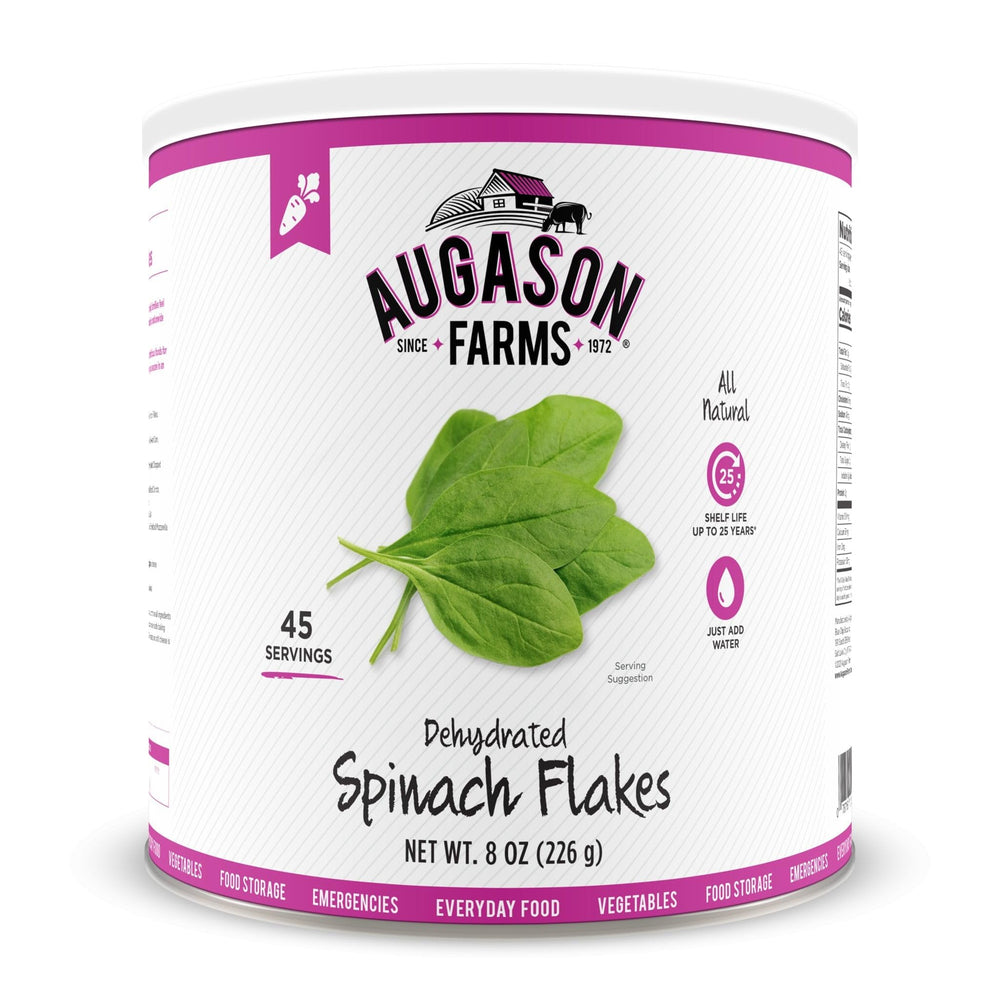 Augason Farms dehydrated spinach flakes can for long-term storage and quick versatile meals.