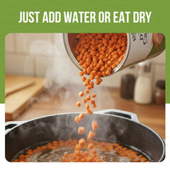 Augason Farms Diced Carrots can snack-ready for quick healthy bite.