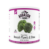 Augason Farms freeze-dried broccoli florets and stems can front for long shelf-life emergency storage.