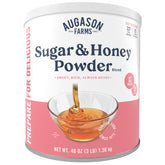 Augason Farms honey-sugar powder mix can on shelf for long-term emergency storage.