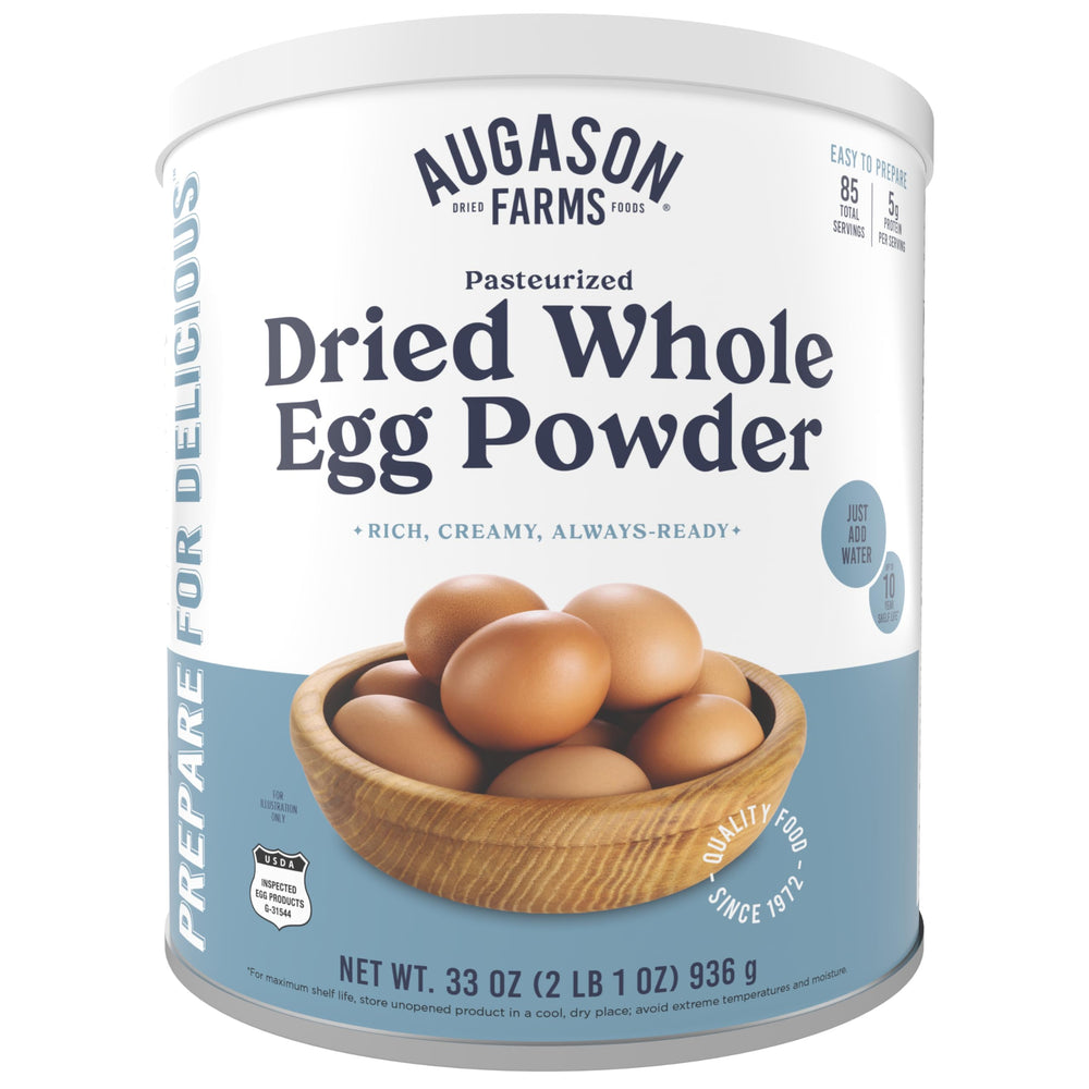 Augason Farms pasteurized dried whole egg powder can with 85 servings and long shelf life