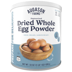 Augason Farms pasteurized dried whole egg powder can with 85 servings and long shelf life