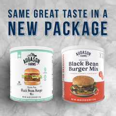 Augason Farms raw black bean burger mix in a small cup for quick prep.