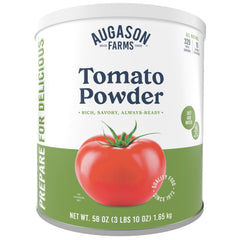 Augason Farms tomato powder can close-up shows a shelf-stable ingredient for soups and sauces.