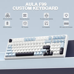 AULA F99 bottom-case view highlighting compact 96% layout