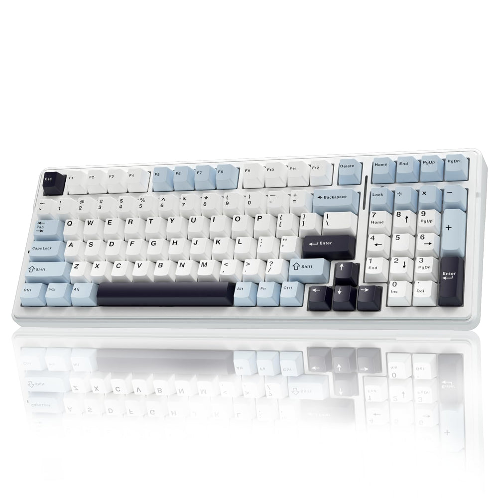AULA F99 wireless keyboard setup showing multi-device connectivity in a desk setup