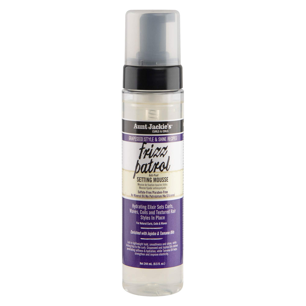 Aunt Jackie's Frizz Patrol mousse bottle with light hold.