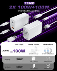 Auorld 2-pack charger with 10 ft USB-C cables for flexible, far-reaching charging.