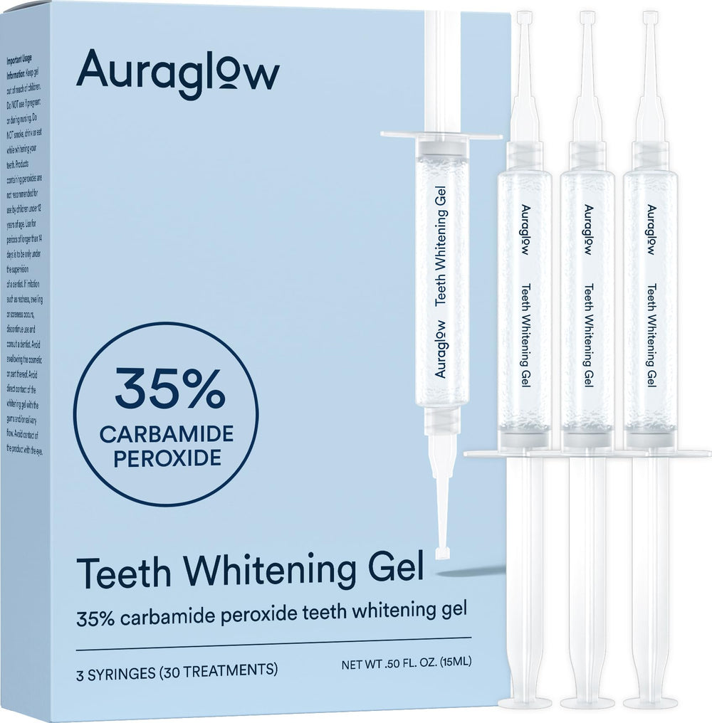 Auraglow 35% gel syringe ready for tray application to brighten teeth at home.