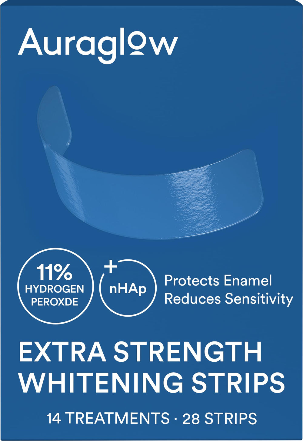 AuraGlow extra strength whitening strips packaging for at-home whitening