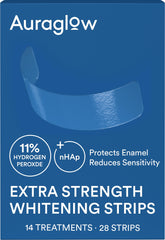 AuraGlow extra strength whitening strips packaging for at-home whitening