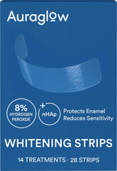Auraglow teeth whitening strips packaging showing 14 treatments for sensitive whitening
