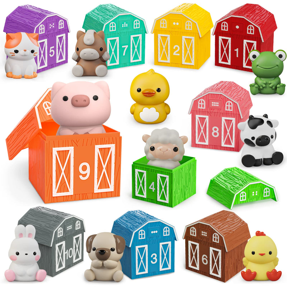 AuroTops farm animals barn toy set with colorful barns and puppets for imaginative play.