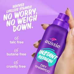 Aussie Instant Refresh ingredients highlight talc-free, butane-free formula.