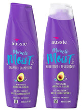 Aussie Miracle Moist shampoo bottle front shows mega-hydration for dry hair.
