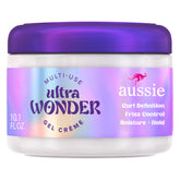 Aussie Ultra Wonder Gel Crème bottle close-up showing 24-hour frizz control and definition