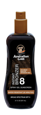 Australian Gold Spray Gel Sunscreen bottle showing easy spray application and hydration.