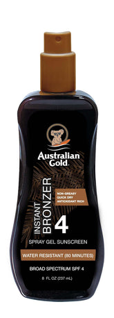 Australian Gold Spray Gel Sunscreen bottle with instant bronzer for a sun kissed glow