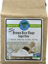 Authentic Foods Superfine Brown Rice Flour bag closeup showing silky texture for gluten-free baking.
