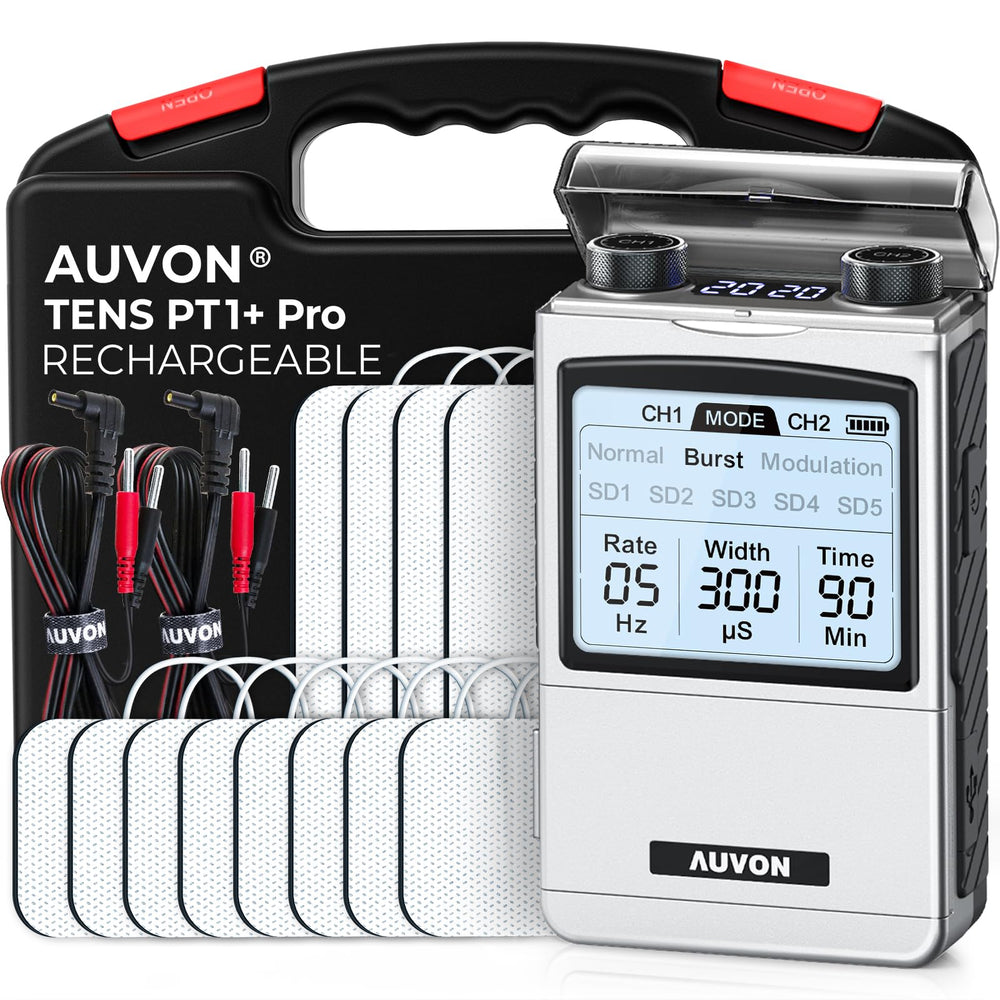 AUVON rechargeable TENS unit front view for portable muscle relief on the go.
