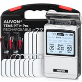 AUVON rechargeable TENS unit front view for portable muscle relief on the go.