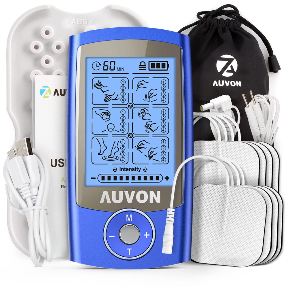 AUVON rechargeable TENS unit front view showing compact, portable design for on-the-go relief.