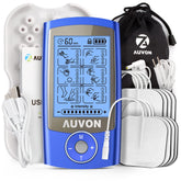 AUVON rechargeable TENS unit front view showing compact, portable design for on-the-go relief.