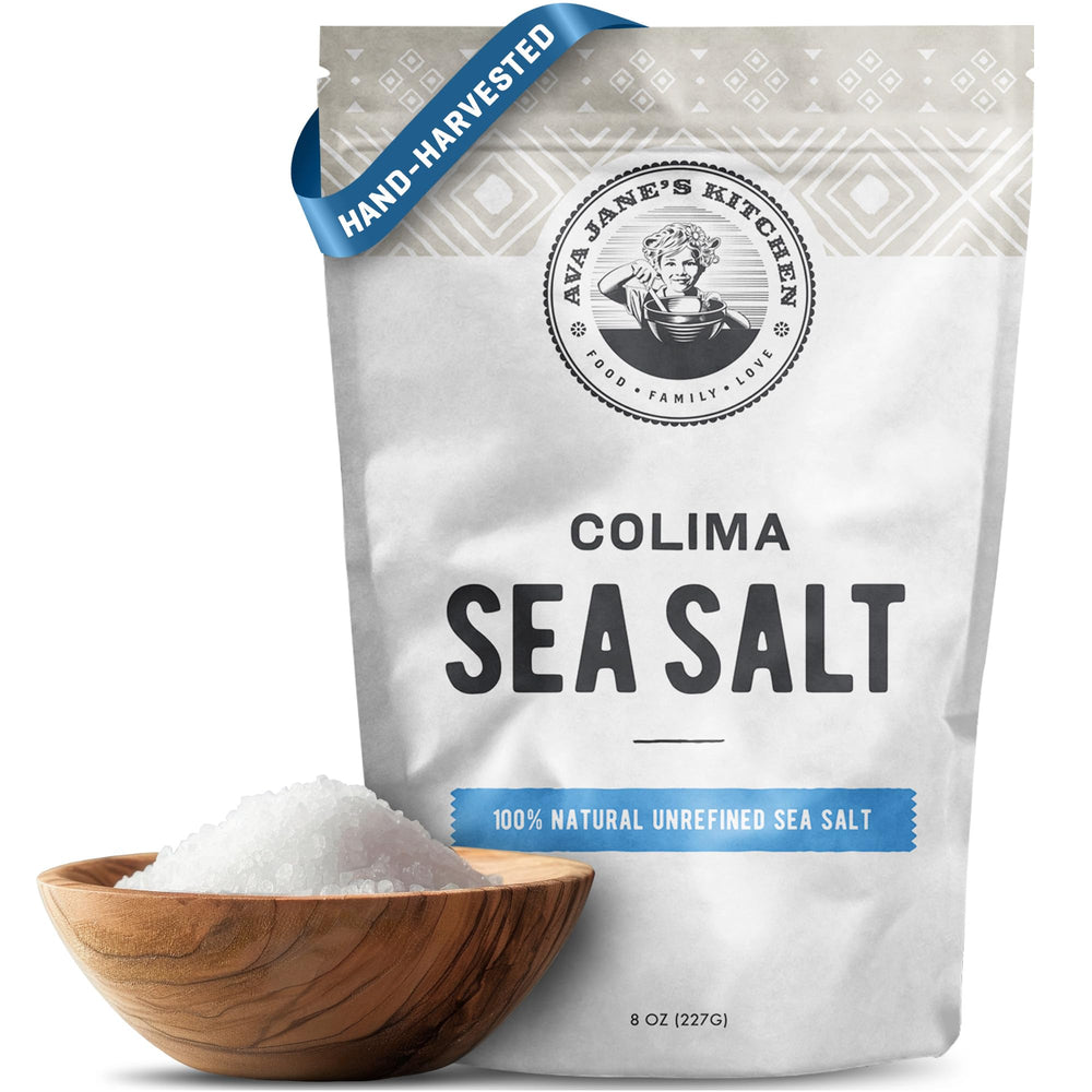 Ava Jane's Kitchen Colima coarse sea salt packaging shows natural minerals.